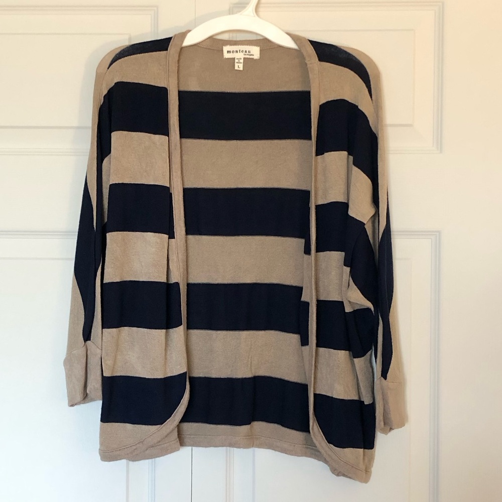 Monteau Tan & Navy Striped Open Cardigan Sweater Size L